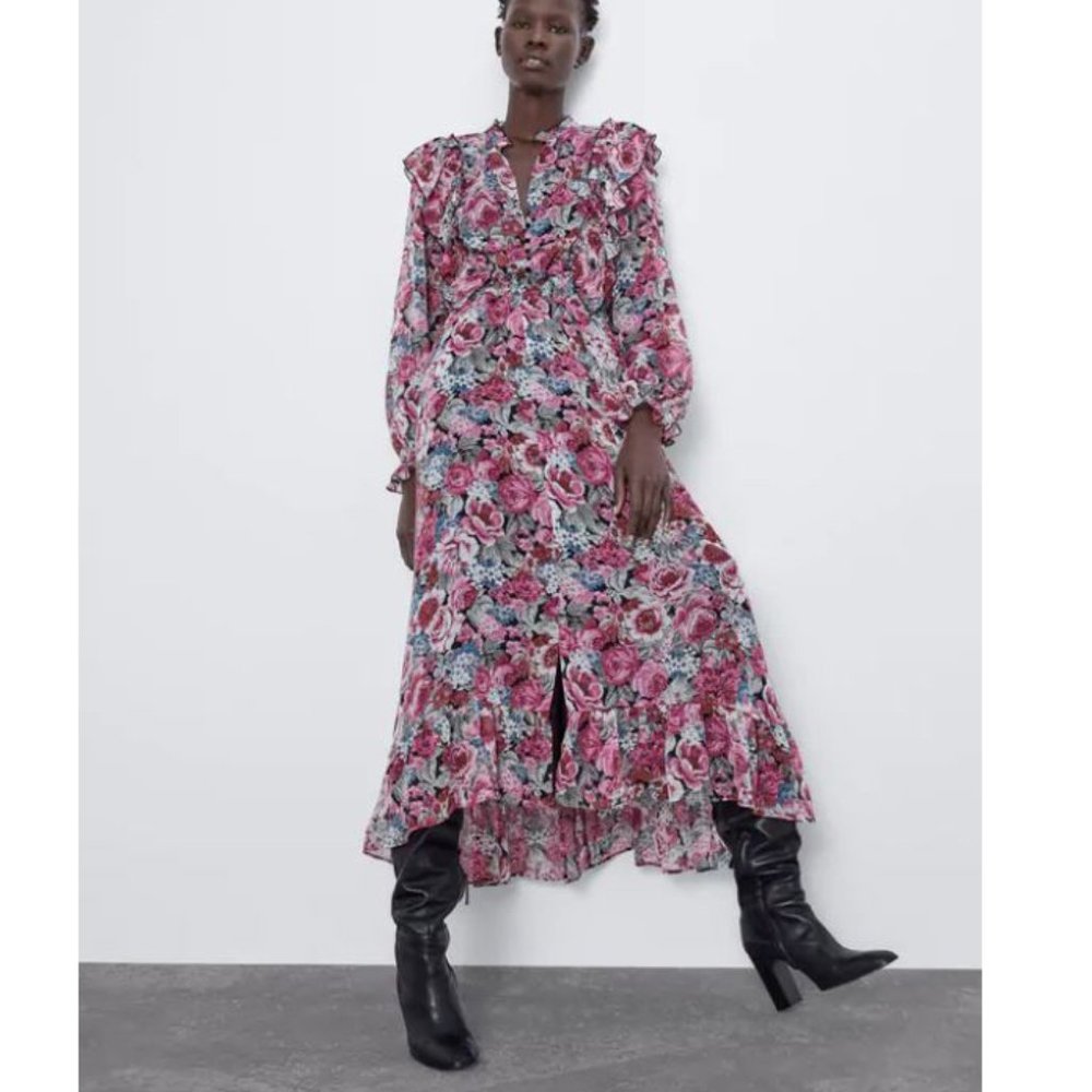 NWT Zara Midi Floral Print Dress With Ruffle Large